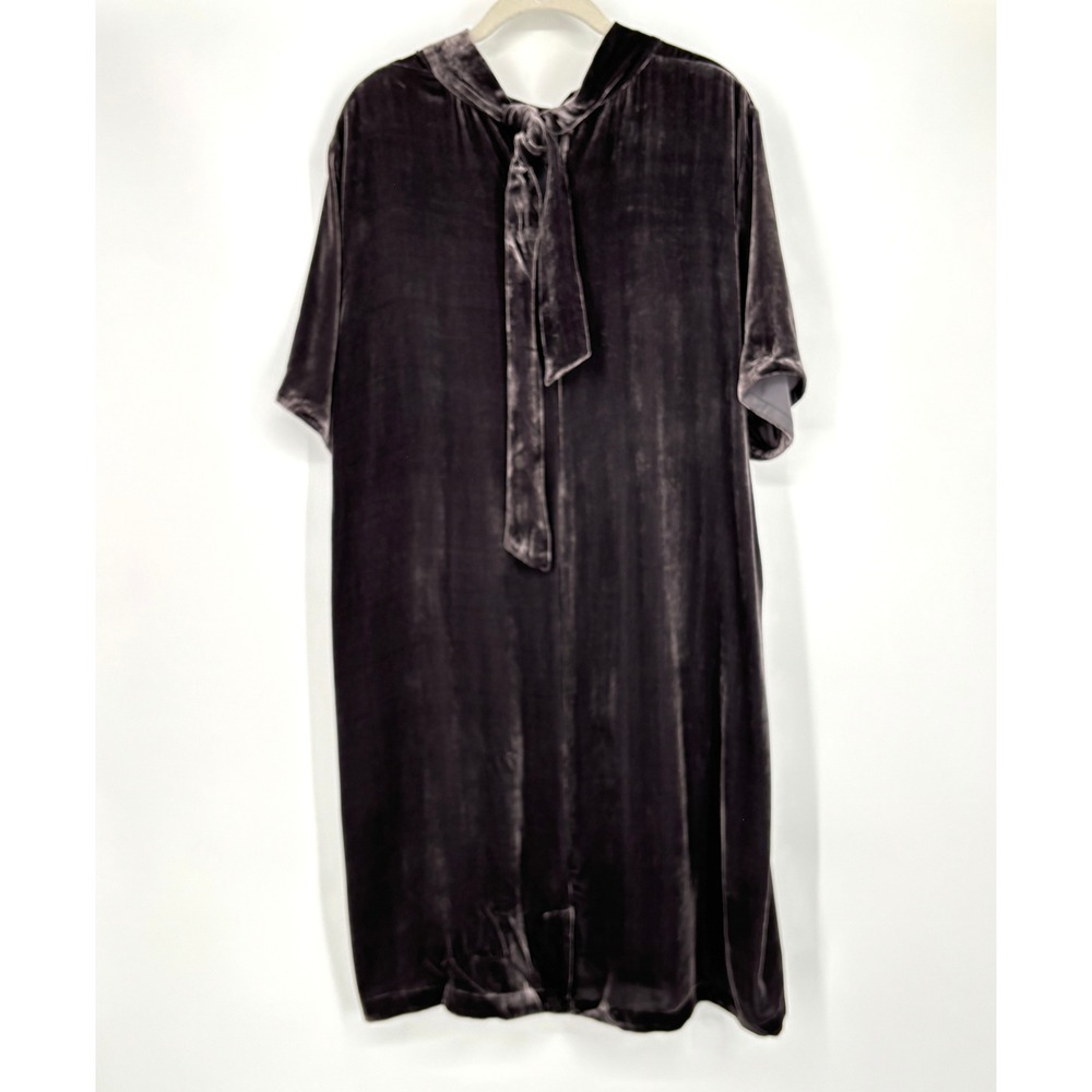 Eileen Fisher Velvet Shift Mini Dress Silk Gray Short Sleeve Mock Neck Size L - Picture 2 of 13